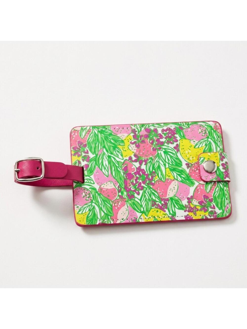 Lilly Pulitzer pink and green floral luggage tag with adjustable buckle strap